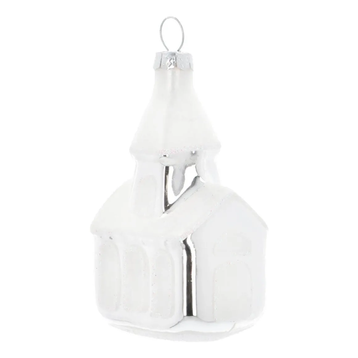 Bijzonder Glazen Kerkje Zilver Met Wit Dak 8 Cm