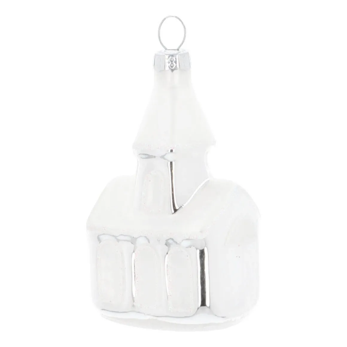 Bijzonder Glazen Kerkje Zilver Met Wit Dak 8 Cm