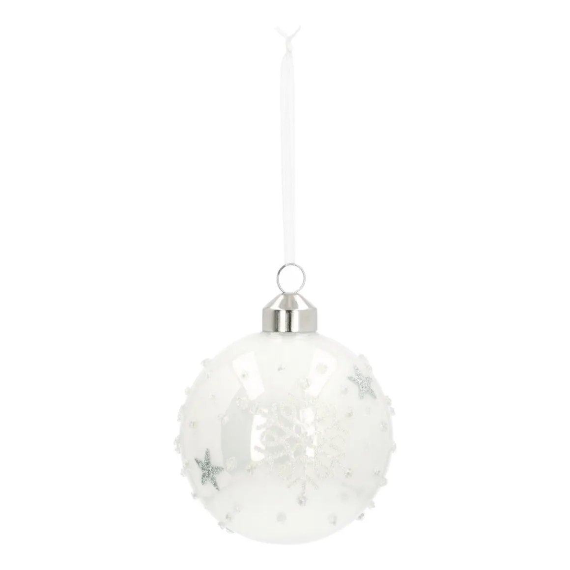 Bijzondere Glazen Kerstbal Wit Met Vlokken En Sterren 8 Cm