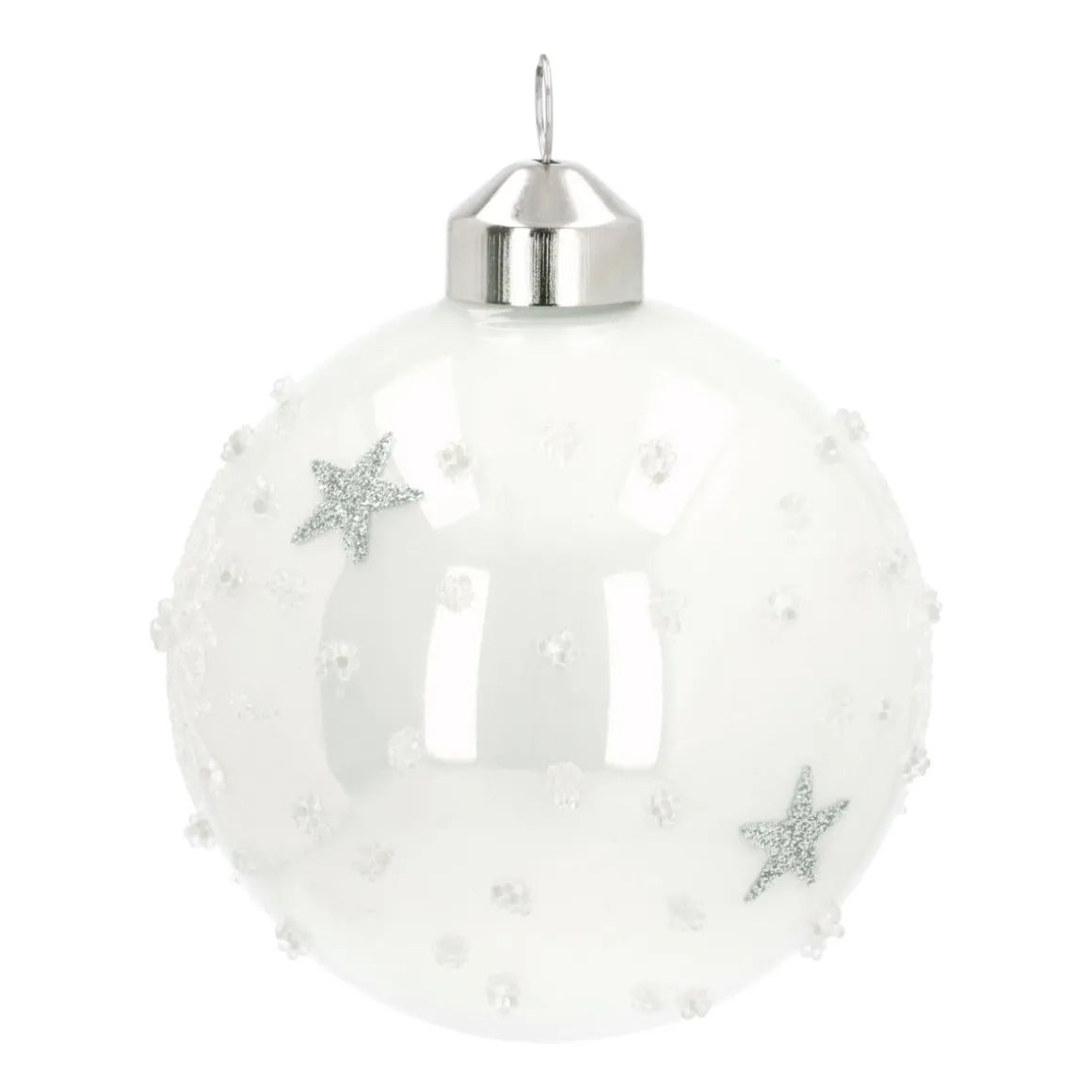 Bijzondere Glazen Kerstbal Wit Met Vlokken En Sterren 8 Cm