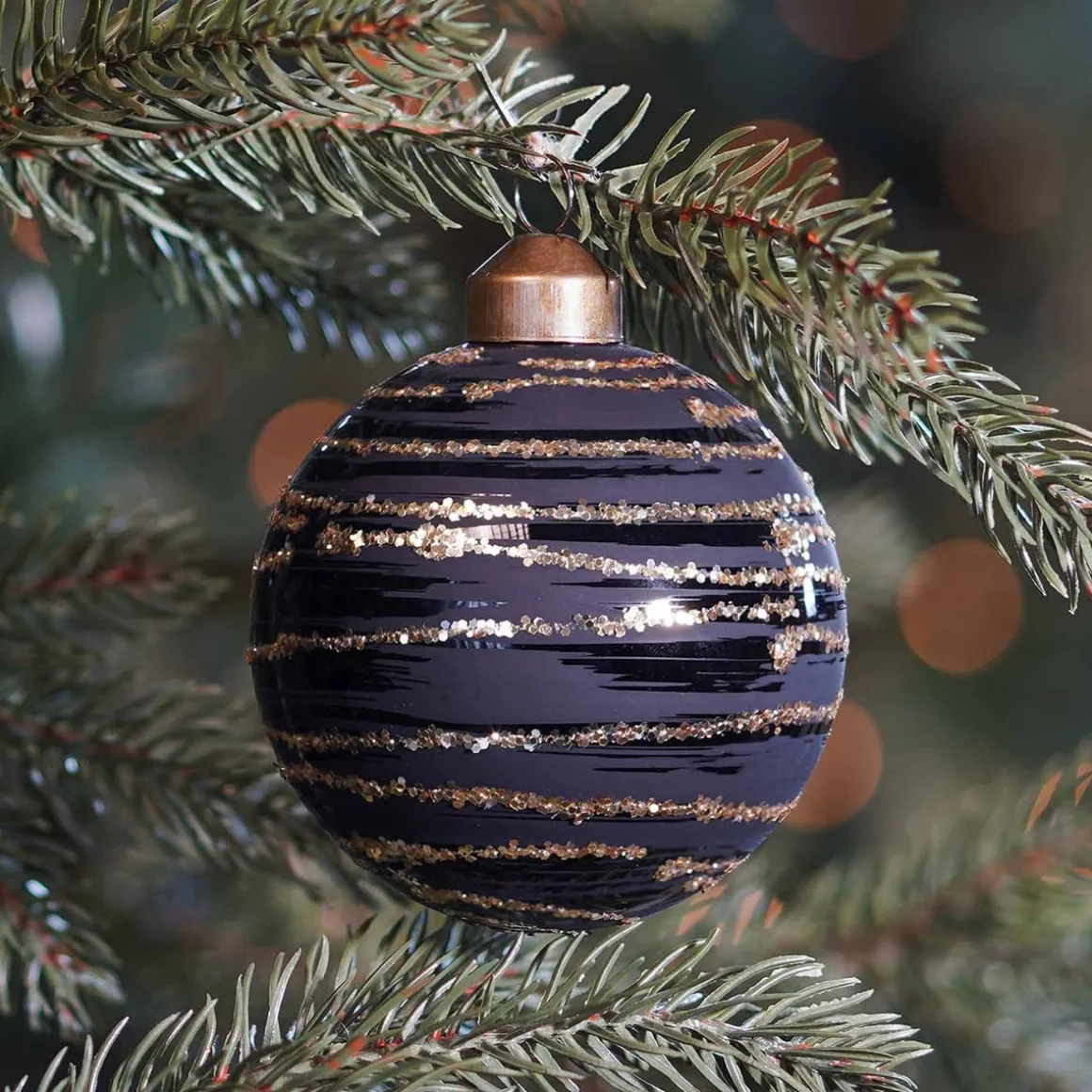 Bijzondere Glazen Kerstbal Champagne Met Glitter Lijnen 8cm