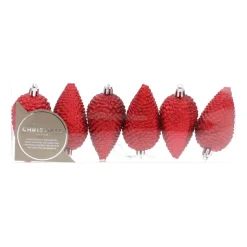 Dennenappels 6 St | Rood | Kunststof | 9 Cm
