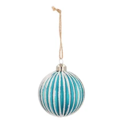 Glazen Kerstbal | Petrol Met Witte Glitterlijnen | 8 Cm