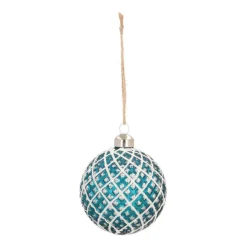 Glazen Kerstbal | Petrol Met Wit Ruitjespatroon| 8 Cm
