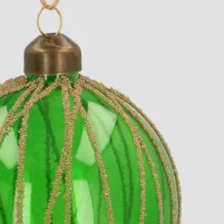 Glazen Kerstbal | Transparant Donkergroen Met Lijnen| 8 Cm