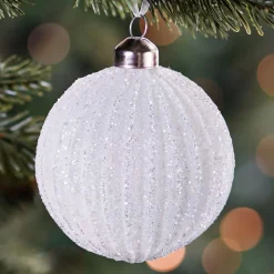 Glazen Kerstbal | Wit Met Glitters En Lijnen | 8 Cm