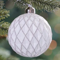 Glazen Kerstbal | Wit Met Ruitjespatroon | 8 Cm