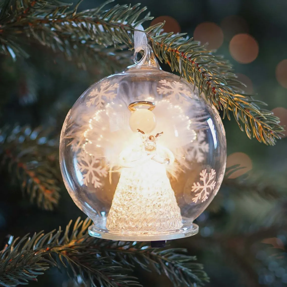 Glazen Kerstbal Met Engel En Duif LED 10 Cm