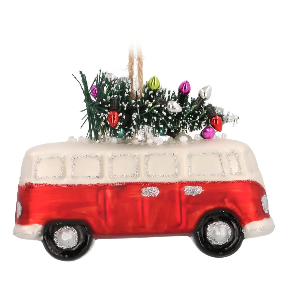 Glazen Kersthanger Busje Met Boom | Rood-wit | 11 Cm