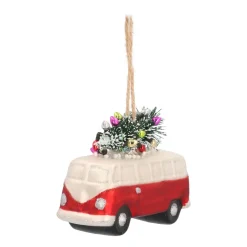 Glazen Kersthanger Busje Met Boom | Rood-wit | 11 Cm