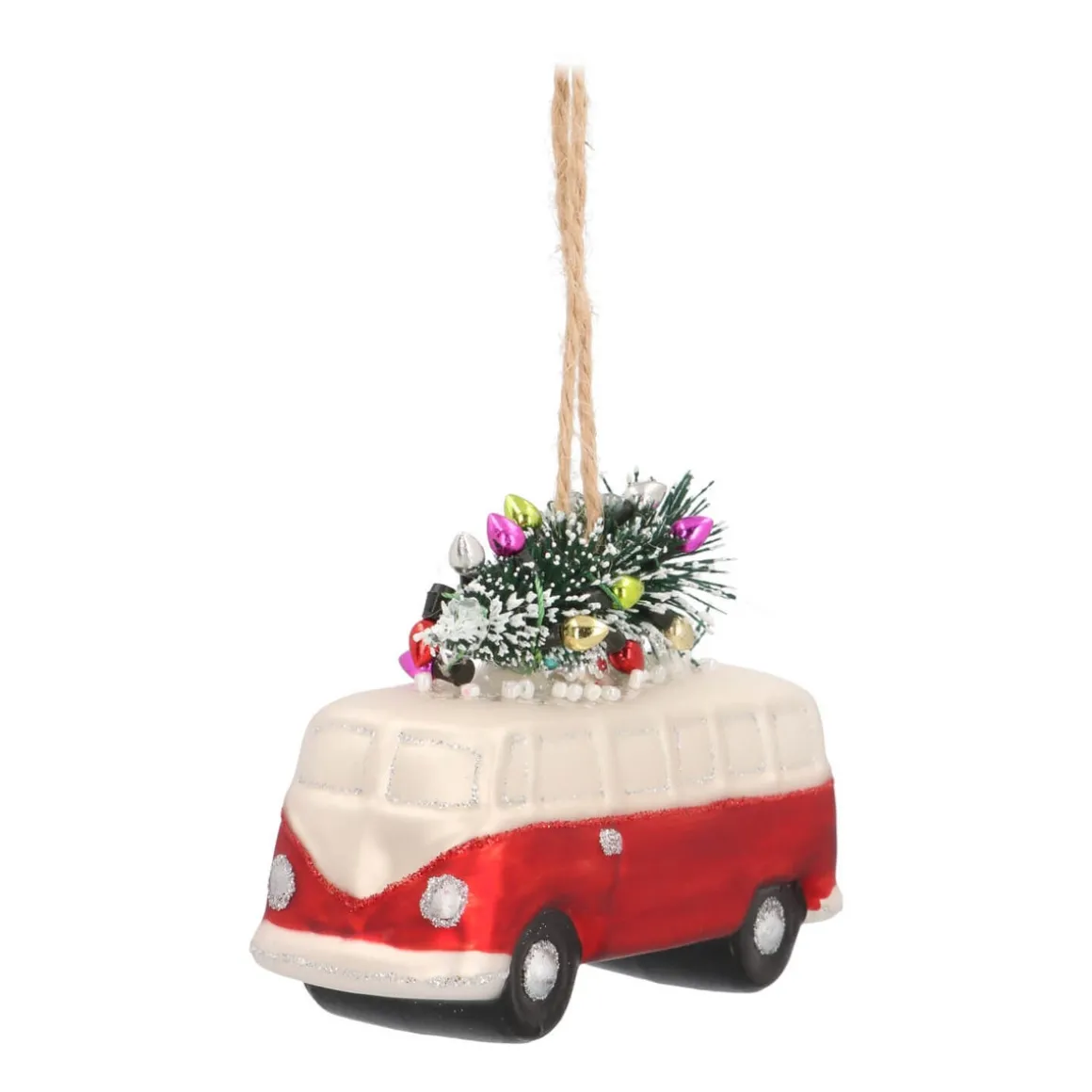 Glazen Kersthanger Busje Met Boom | Rood-wit | 11 Cm