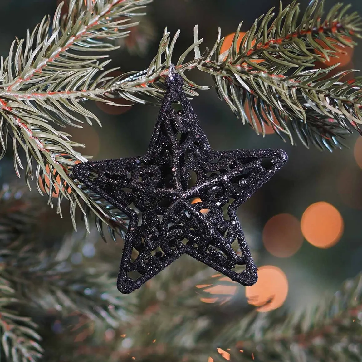 Glitter 3D Kerststerren 8cm Zwart 4 Stuks