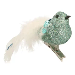 Glittervogel Met Veertjes Op Clip | Pastelgroen | 15 Cm