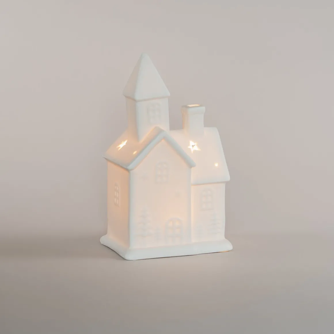 Huisje | Porselein | Led-verlichting | 21cm | Wit