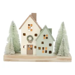 Huisjes Met Bomen | Met Led | Groen-crème | 21cm