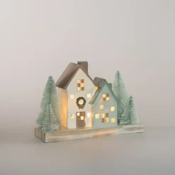 Huisjes Met Bomen | Met Led | Groen-crème | 21cm