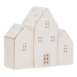 Huizenrij Met Led | Porselein | 13cm Hoog | Wit