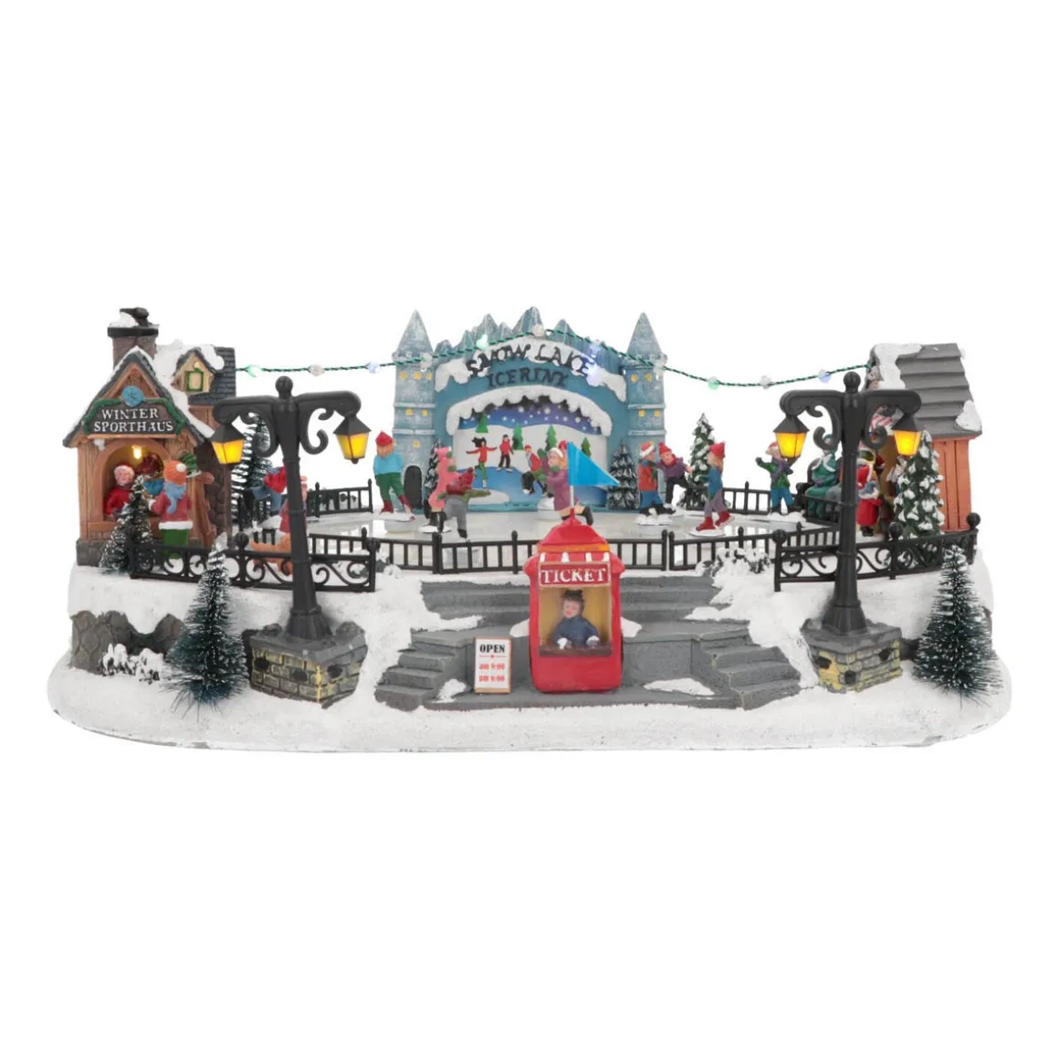 Kerstdorp Schaatsbaan | 8 Bewegende Schaatsers | Led-verlichting | Muziek | 42cm Breed