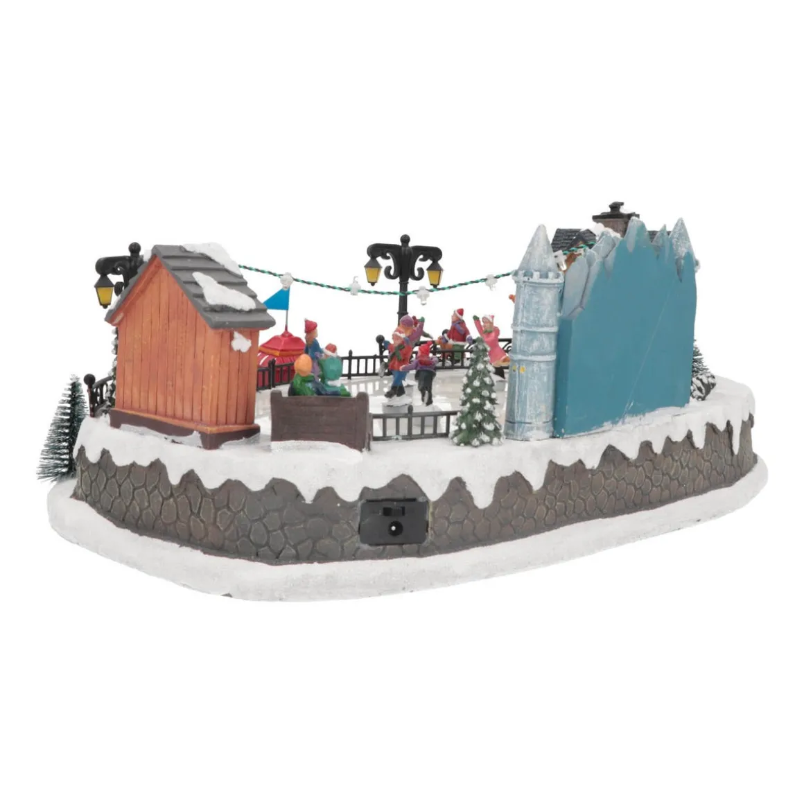 Kerstdorp Schaatsbaan | 8 Bewegende Schaatsers | Led-verlichting | Muziek | 42cm Breed