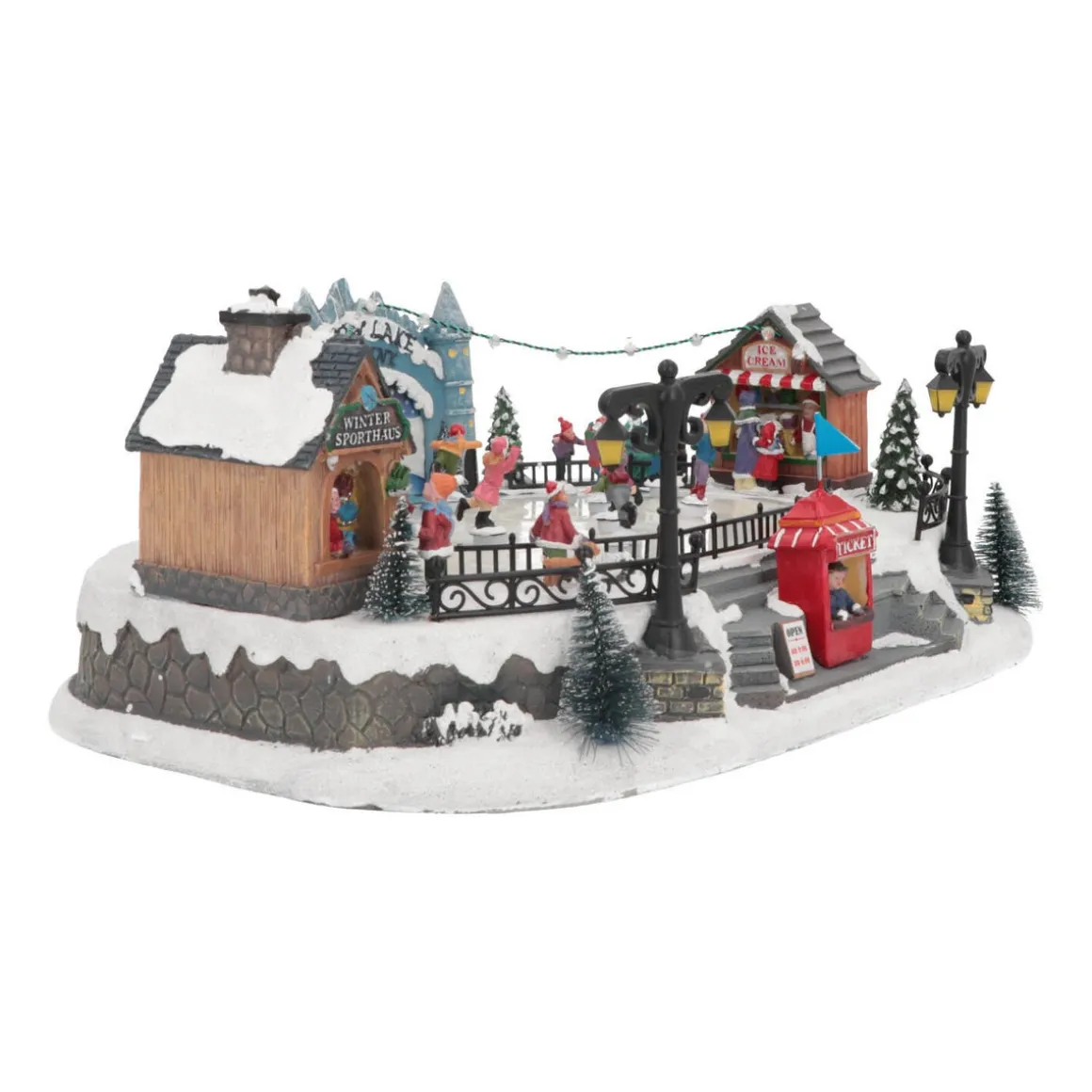 Kerstdorp Schaatsbaan | 8 Bewegende Schaatsers | Led-verlichting | Muziek | 42cm Breed