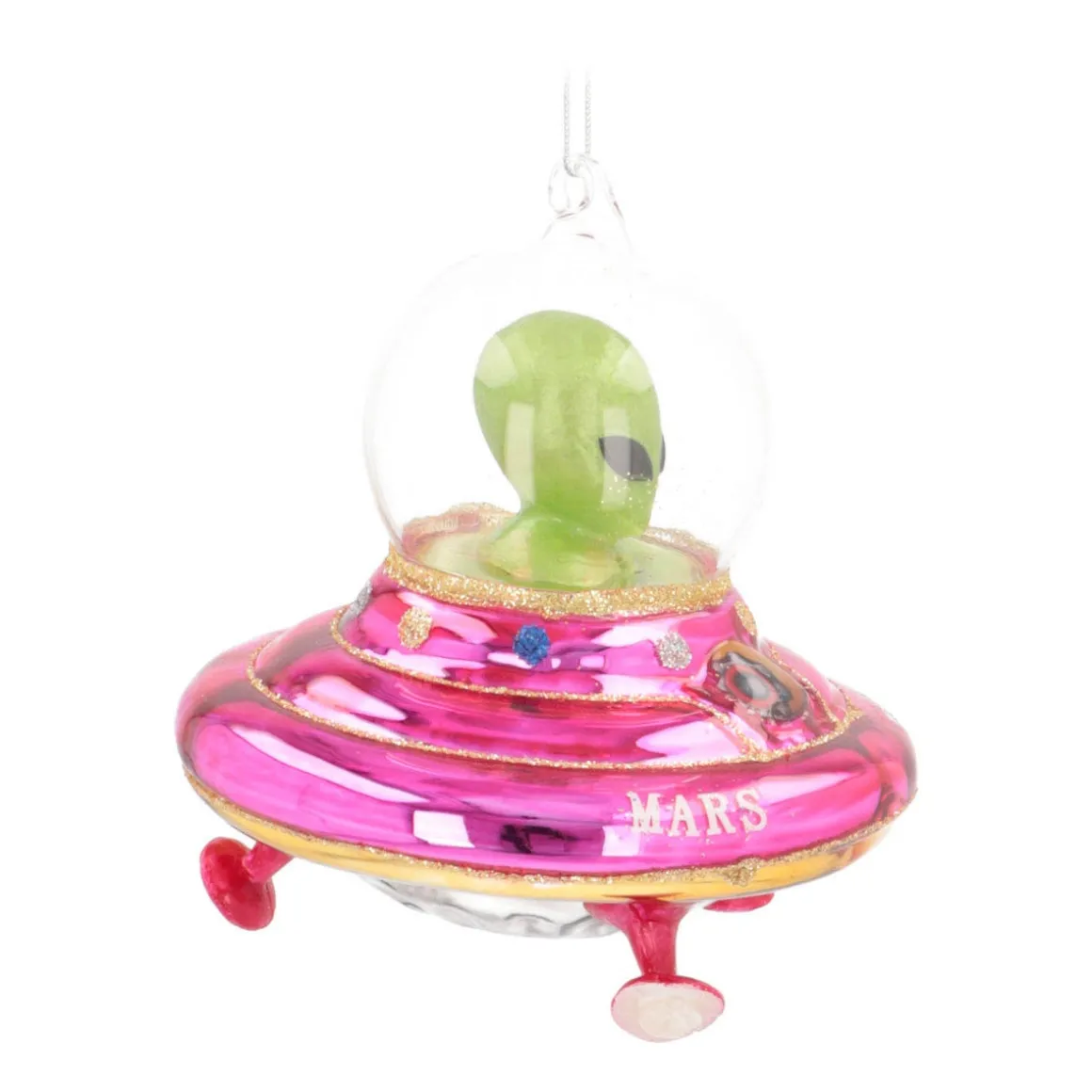 Kersthanger Alien In UFO | Glas | Roze-geel-groen | 12cm