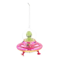 Kersthanger Alien In UFO | Glas | Roze-geel-groen | 12cm