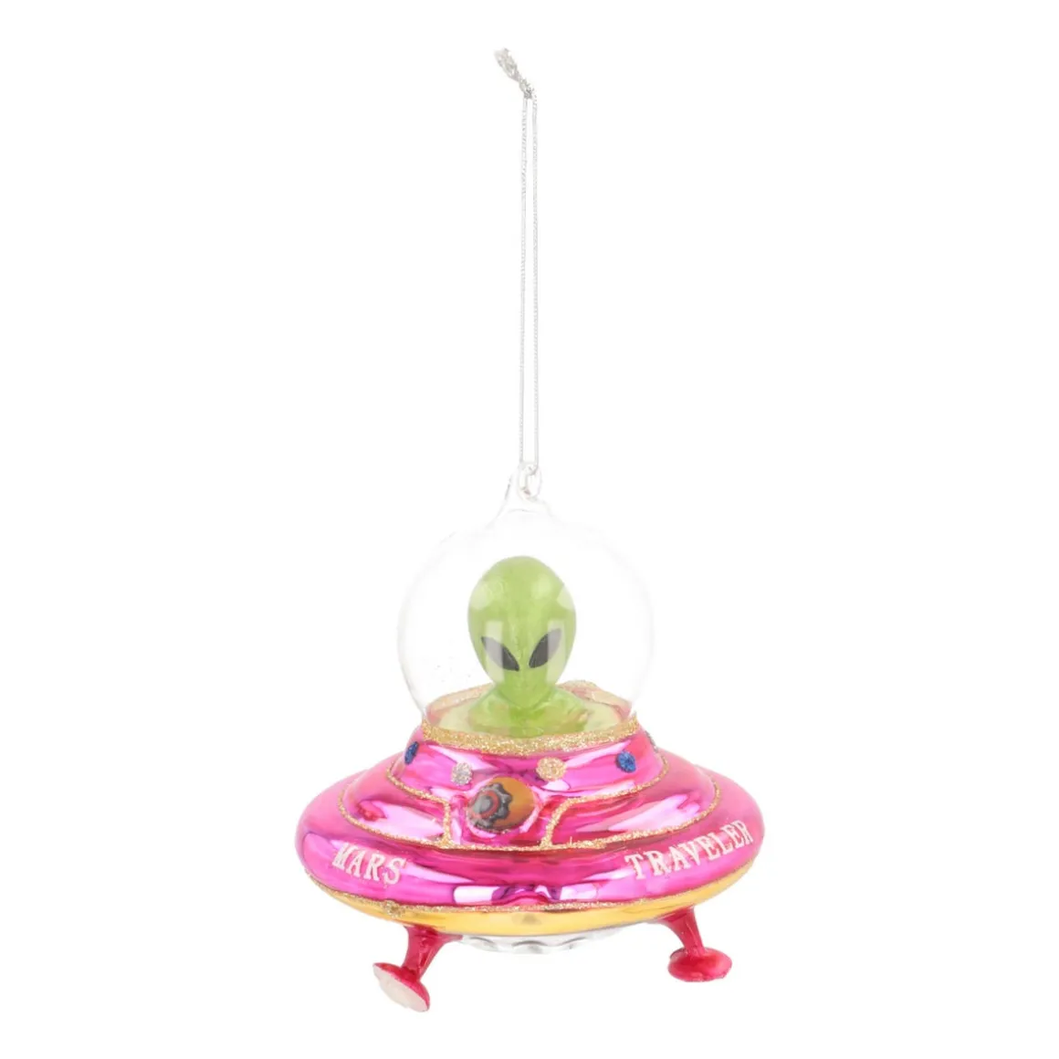 Kersthanger Alien In UFO | Glas | Roze-geel-groen | 12cm