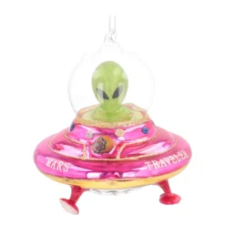 Kersthanger Alien In UFO | Glas | Roze-geel-groen | 12cm