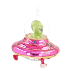 Kersthanger Alien In UFO | Glas | Roze-geel-groen | 12cm