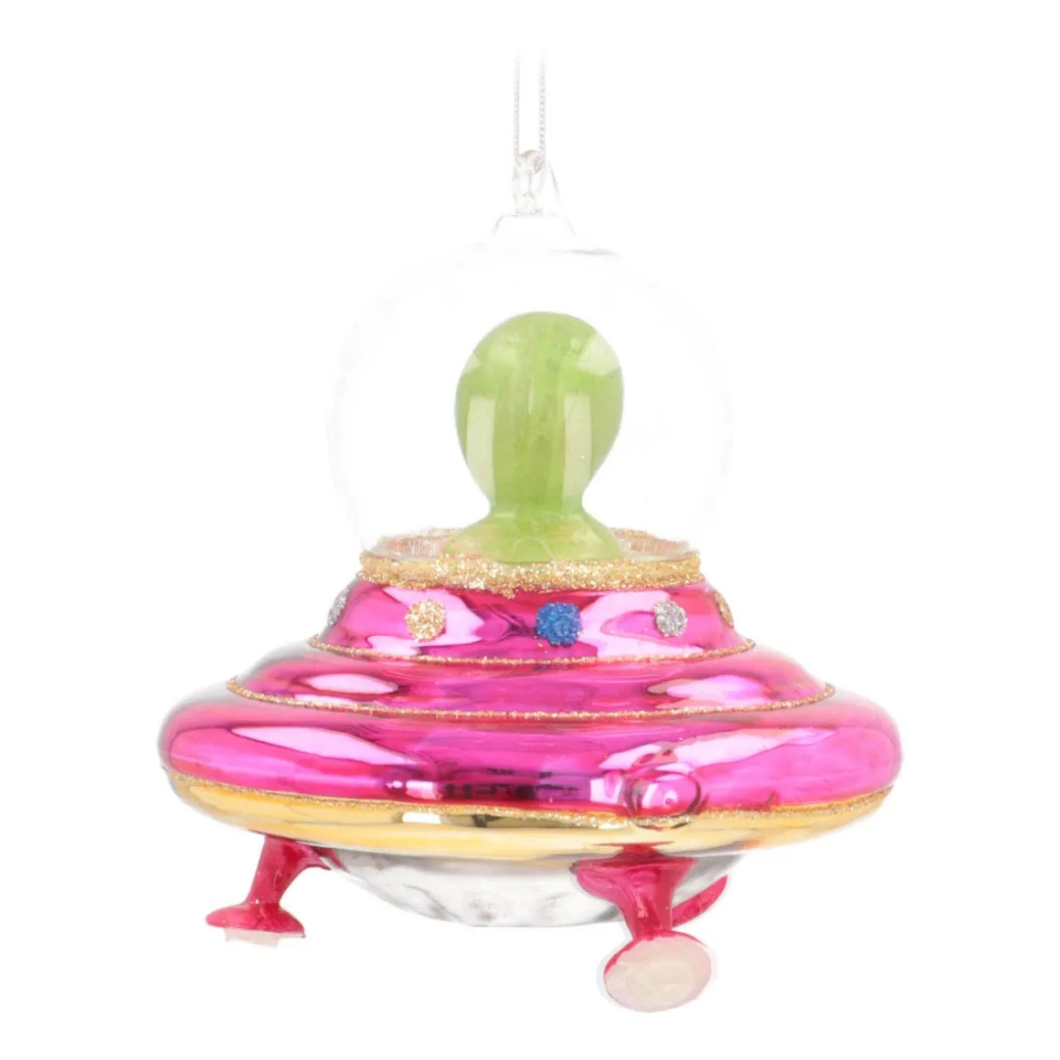 Kersthanger Alien In UFO | Glas | Roze-geel-groen | 12cm