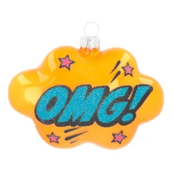 Kersthanger Pop-art Wolk Met Text OMG! | Glas | Okergeel-blauw | 11cm