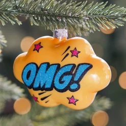 Kersthanger Pop-art Wolk Met Text OMG! | Glas | Okergeel-blauw | 11cm