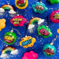 Kersthanger Pop-art Wolk Met Text OMG! | Glas | Okergeel-blauw | 11cm