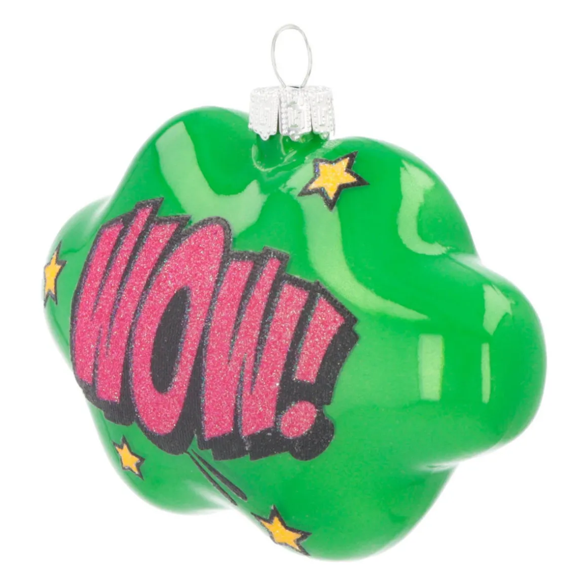 Kersthanger Pop-art Wolk Met Text Wow! | Glas | Groen-roze | 11cm