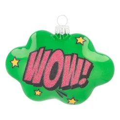 Kersthanger Pop-art Wolk Met Text Wow! | Glas | Groen-roze | 11cm