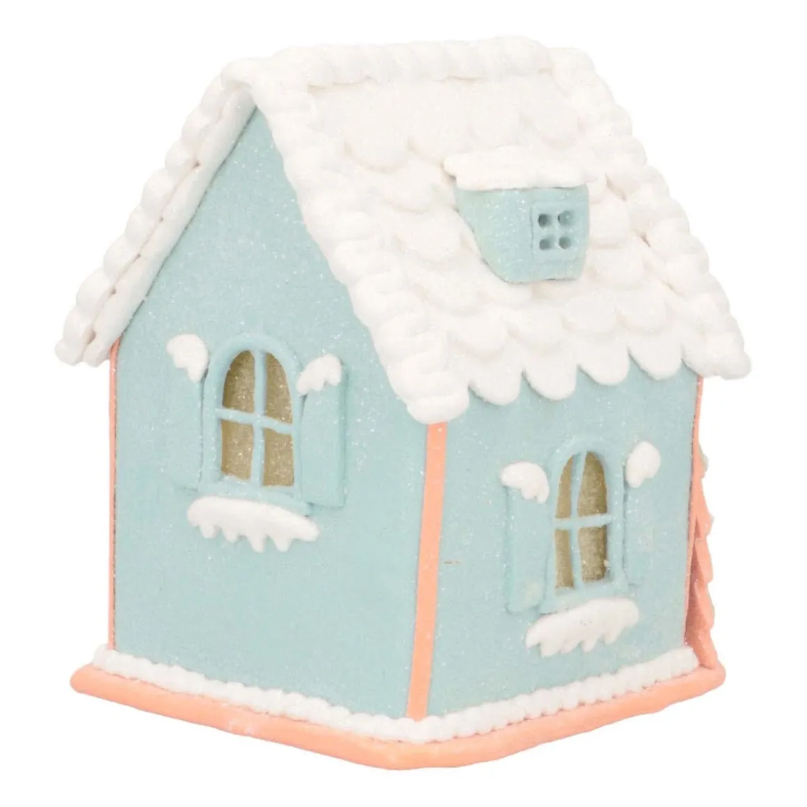 Lichtblauw Peperkoek Huisje | Led | Klei | Handgemaakt | 14cm Hoog