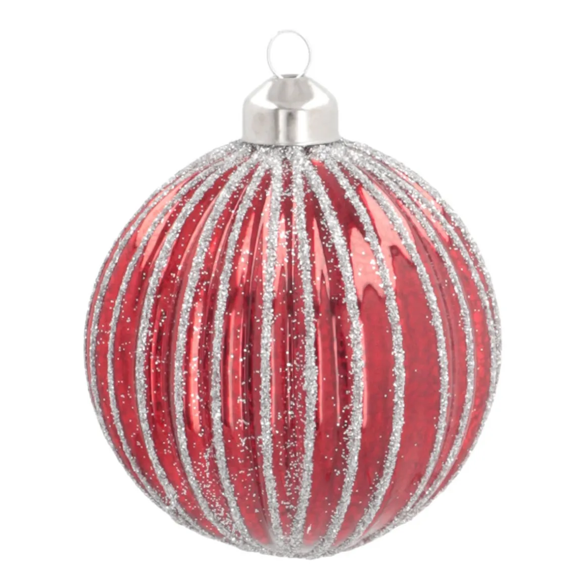 Luxe Glazen Kerstbal Antiek Verticale Strepen 8 Cm Rood