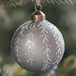 Luxe Kerstbal | Glitterende Takken Decoratie | Glas | 8cm | Taupe