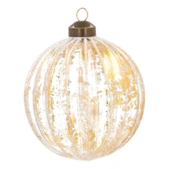 Luxe Kerstbal Bladgoud Met Witte Strepen | Glas | Transparant-Goud | 10cm