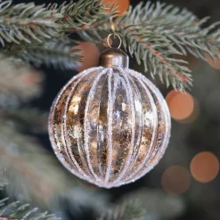 Luxe Kerstbal Bladgoud Met Witte Strepen | Glas | Transparant-Goud | 8cm