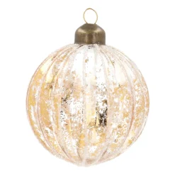 Luxe Kerstbal Bladgoud Met Witte Strepen | Glas | Transparant-Goud | 8cm