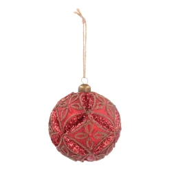 Luxe Kerstbal Bloemrelief | Rood | Glas | 10cm