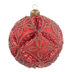 Luxe Kerstbal Bloemrelief | Rood | Glas | 10cm
