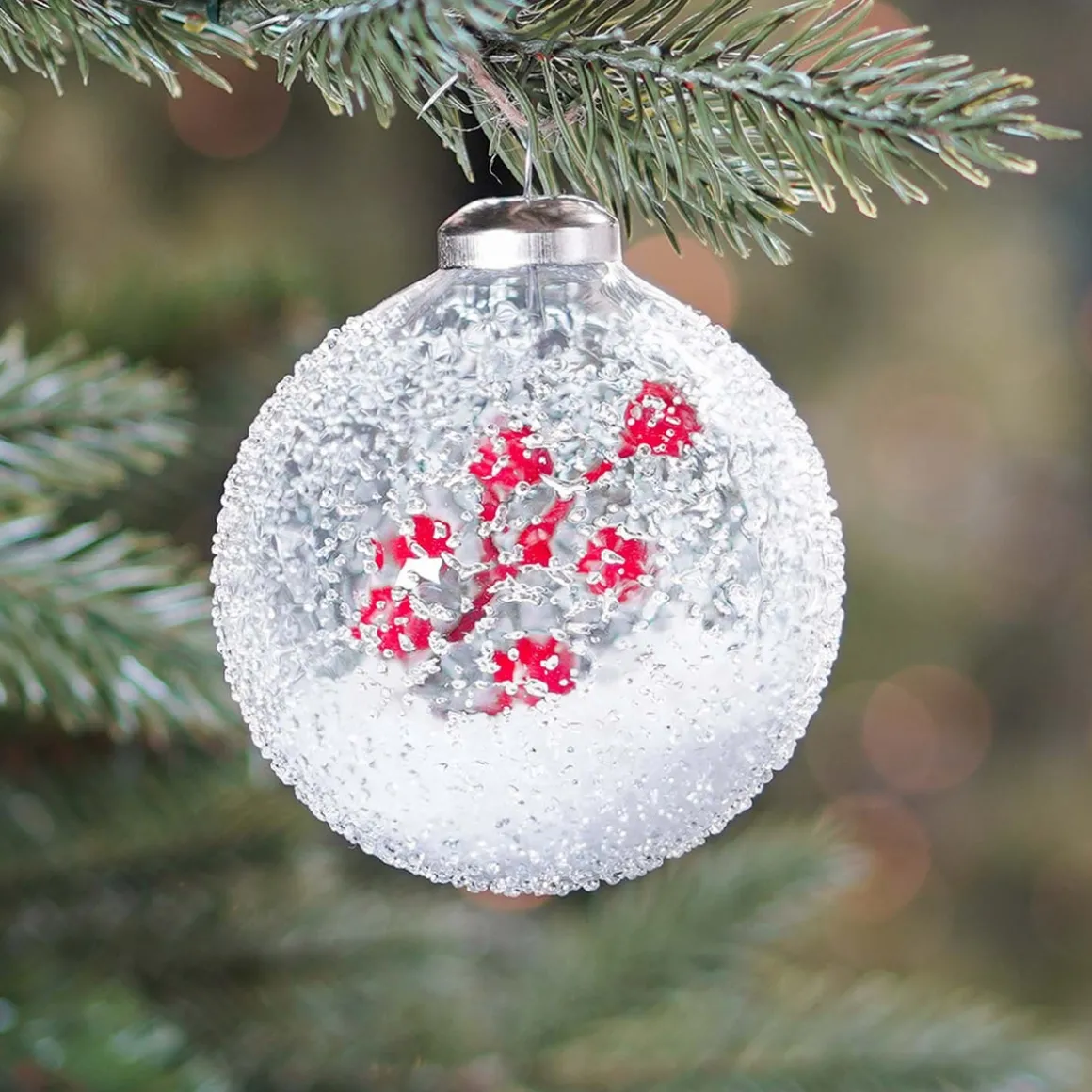 Luxe Kerstbal Frost Effect Met Bessentak | Transparant | Glas | 8cm