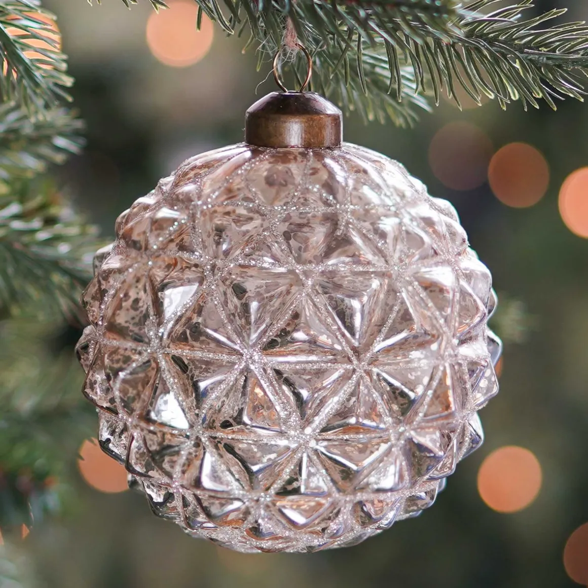 Luxe Kerstbal Geometrisch Craquelé | Glas | Champagne | 10cm