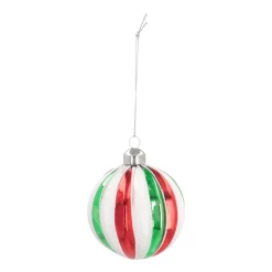 Luxe Kerstbal Gestreept Met Glitter | Rood-groen-wit | Glas | 8cm