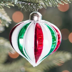 Luxe Kerstbal Ui-vorm Gestreept Glitter | Rood-groen-wit | Glas | 8cm