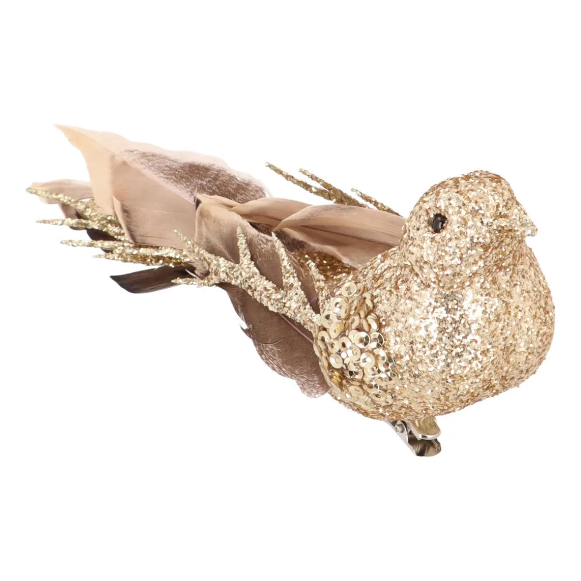 Luxe Vogel Op Clip | Lichtgoud | Echte Veren | 20cm
