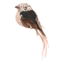 Luxe Vogel Op Clip | Taupe-roze | Echte Veren | 16cm