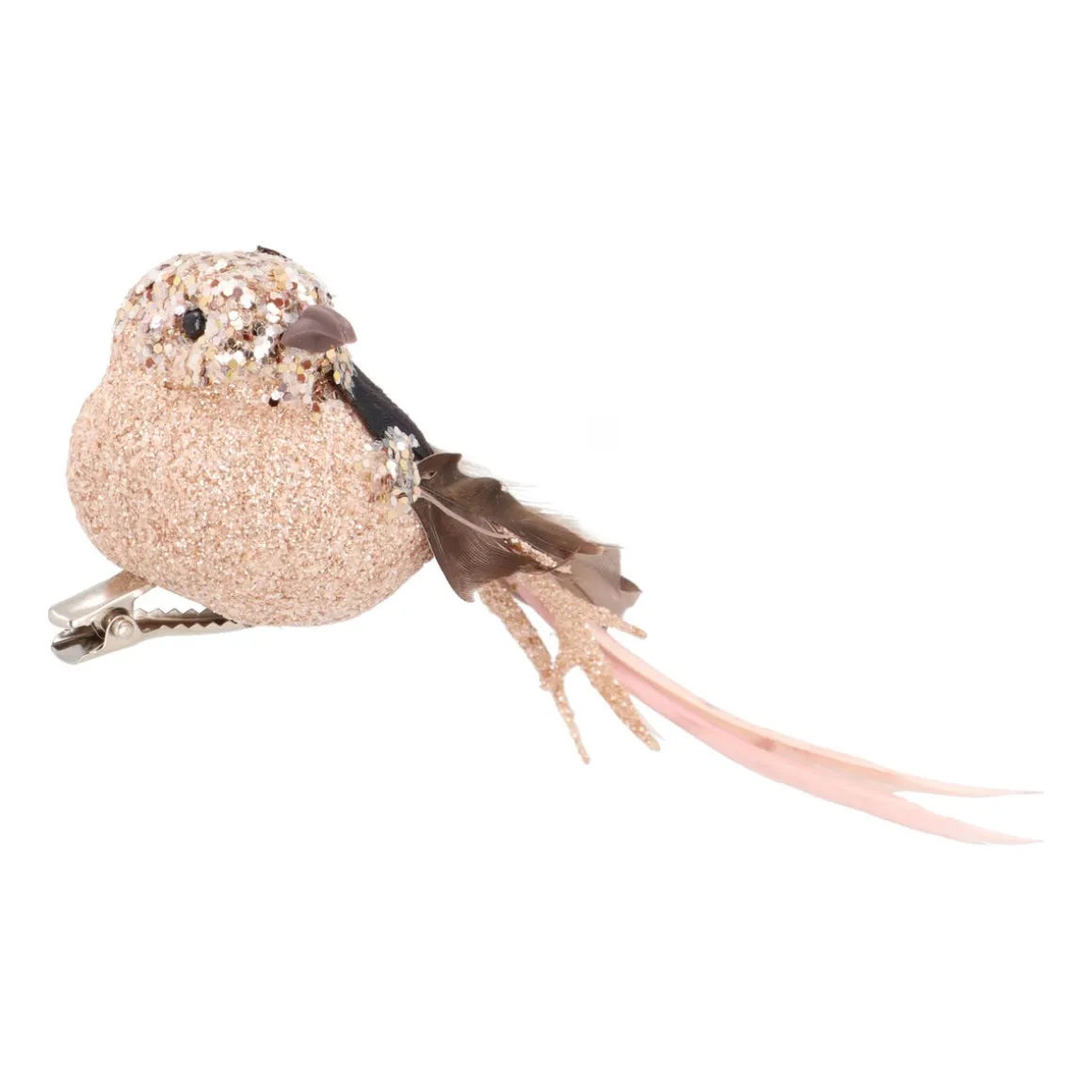 Luxe Vogel Op Clip | Taupe-roze | Echte Veren | 16cm